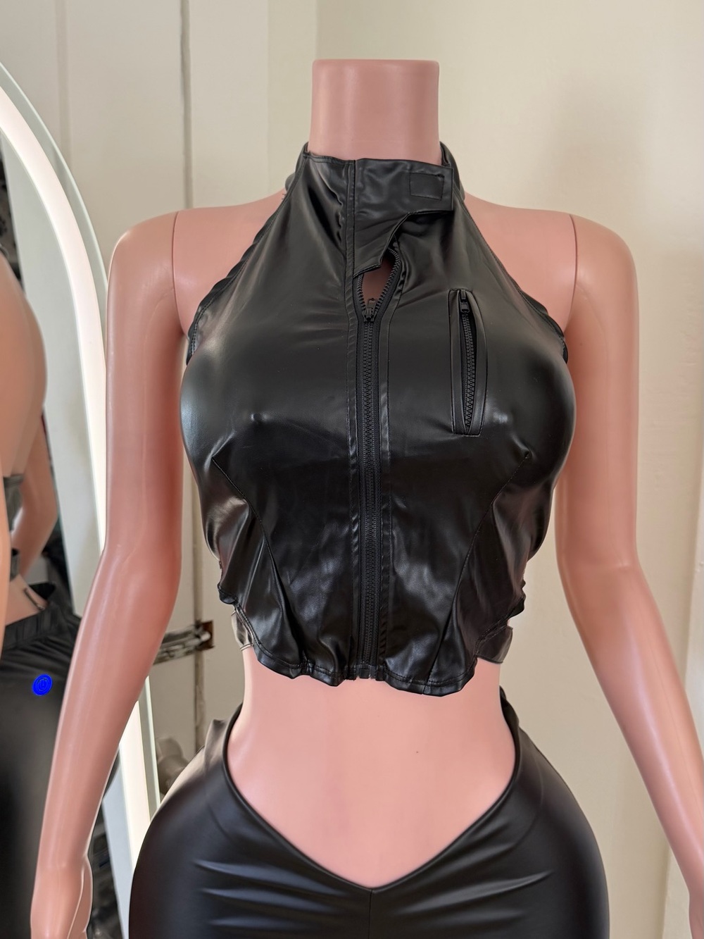 Black Faux Leather Halter Zip Crop Top